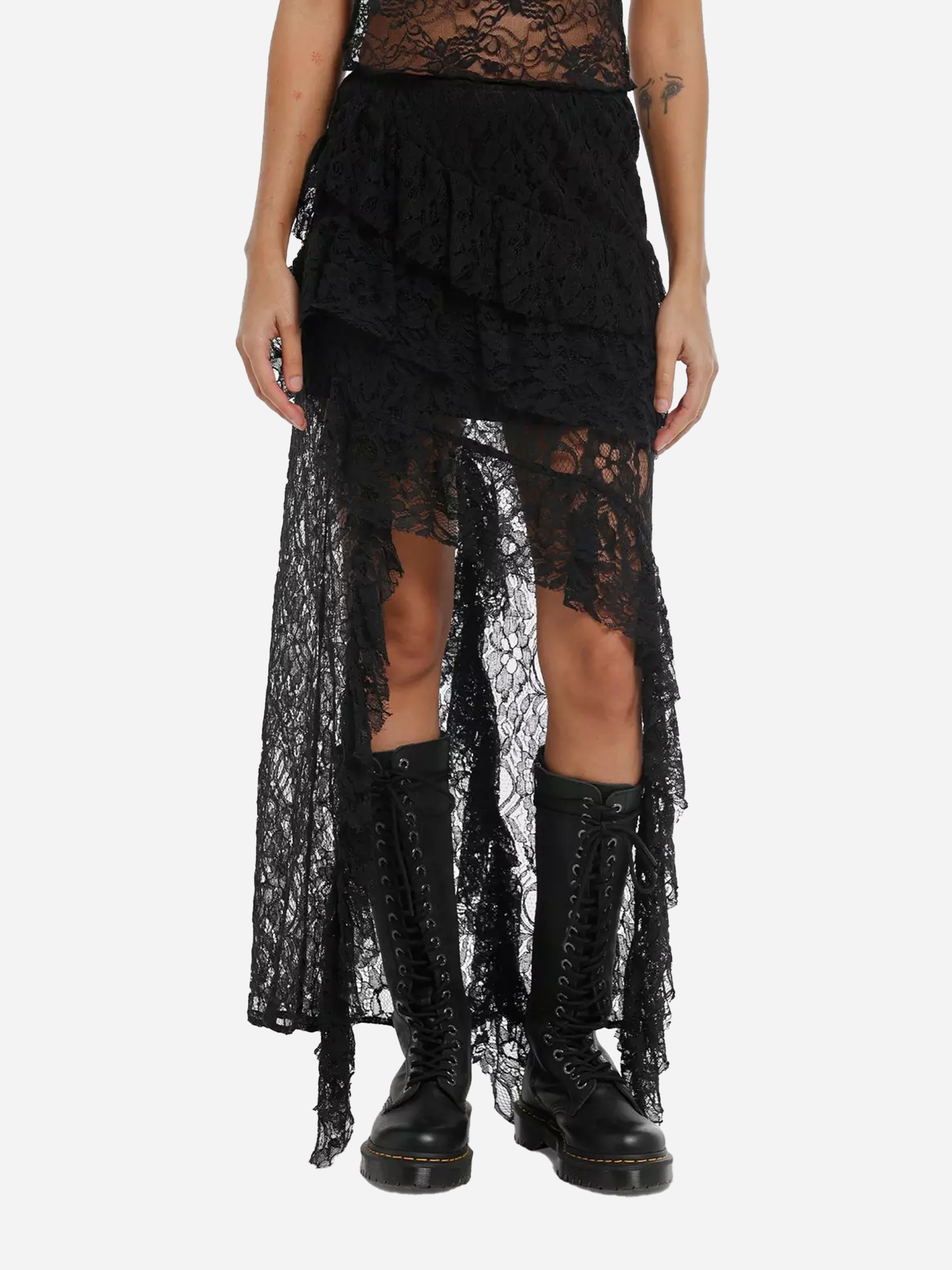 Black Lace Shark Bite Midi Skirt