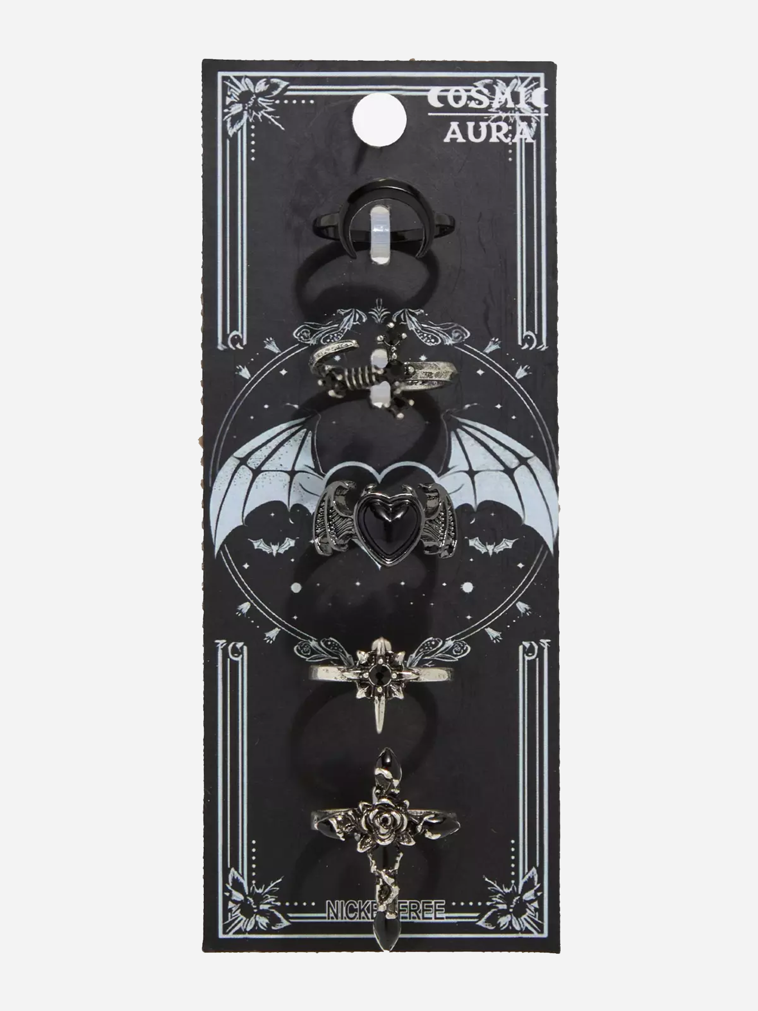 Cosmic Aura Gothic Cross Heart Moon Ring Set
