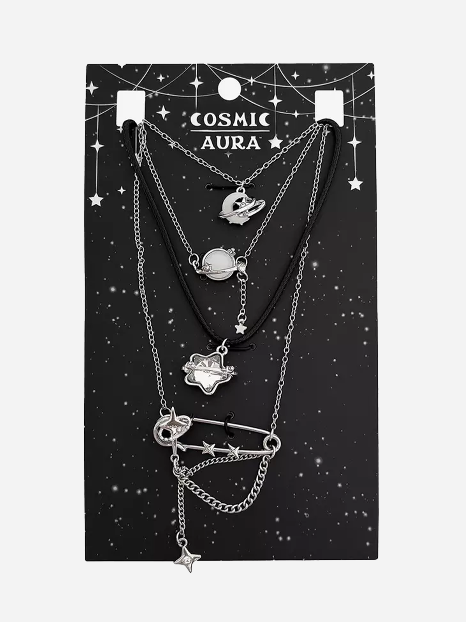 Cosmic Aura Star Orbit Safety Pin Necklace Set