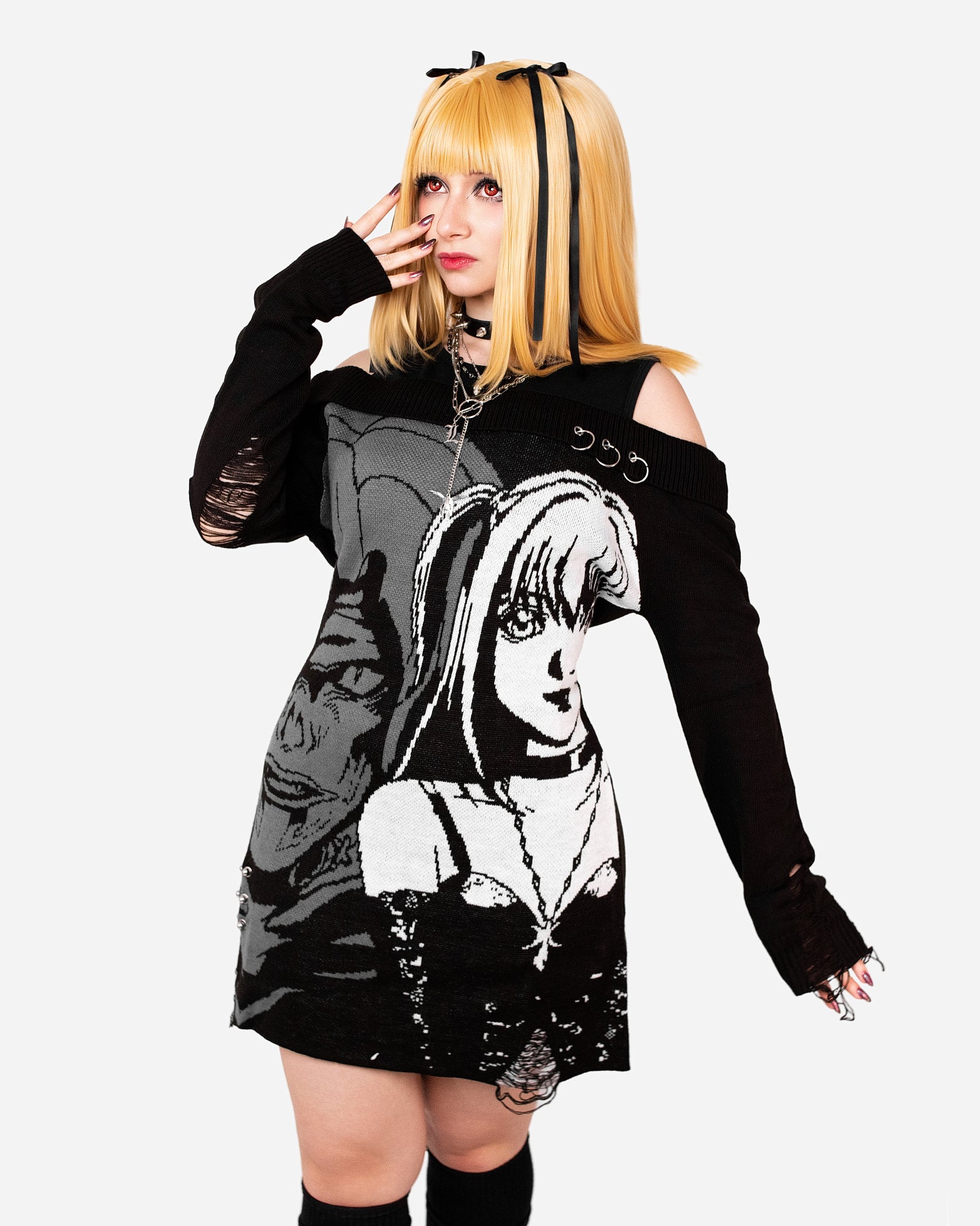 Death Note Misa & Rem Distressed Off-Shoulder Sweater Dress
