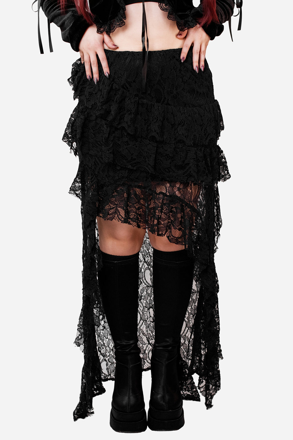 Black Lace Shark Bite Midi Skirt