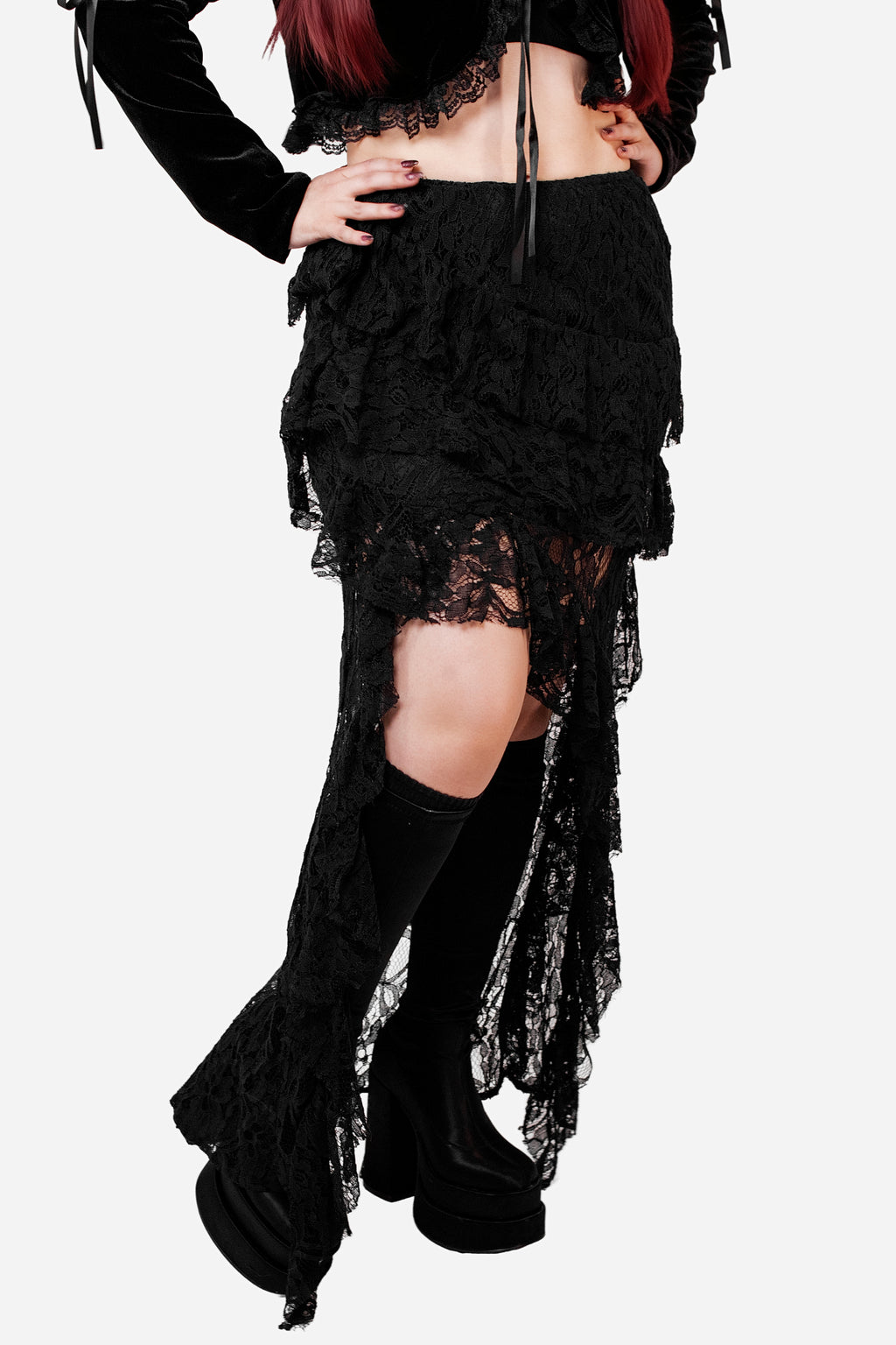 Black Lace Shark Bite Midi Skirt
