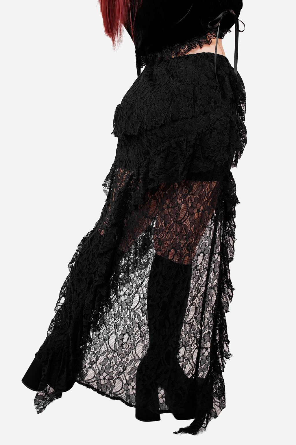 Black Lace Shark Bite Midi Skirt