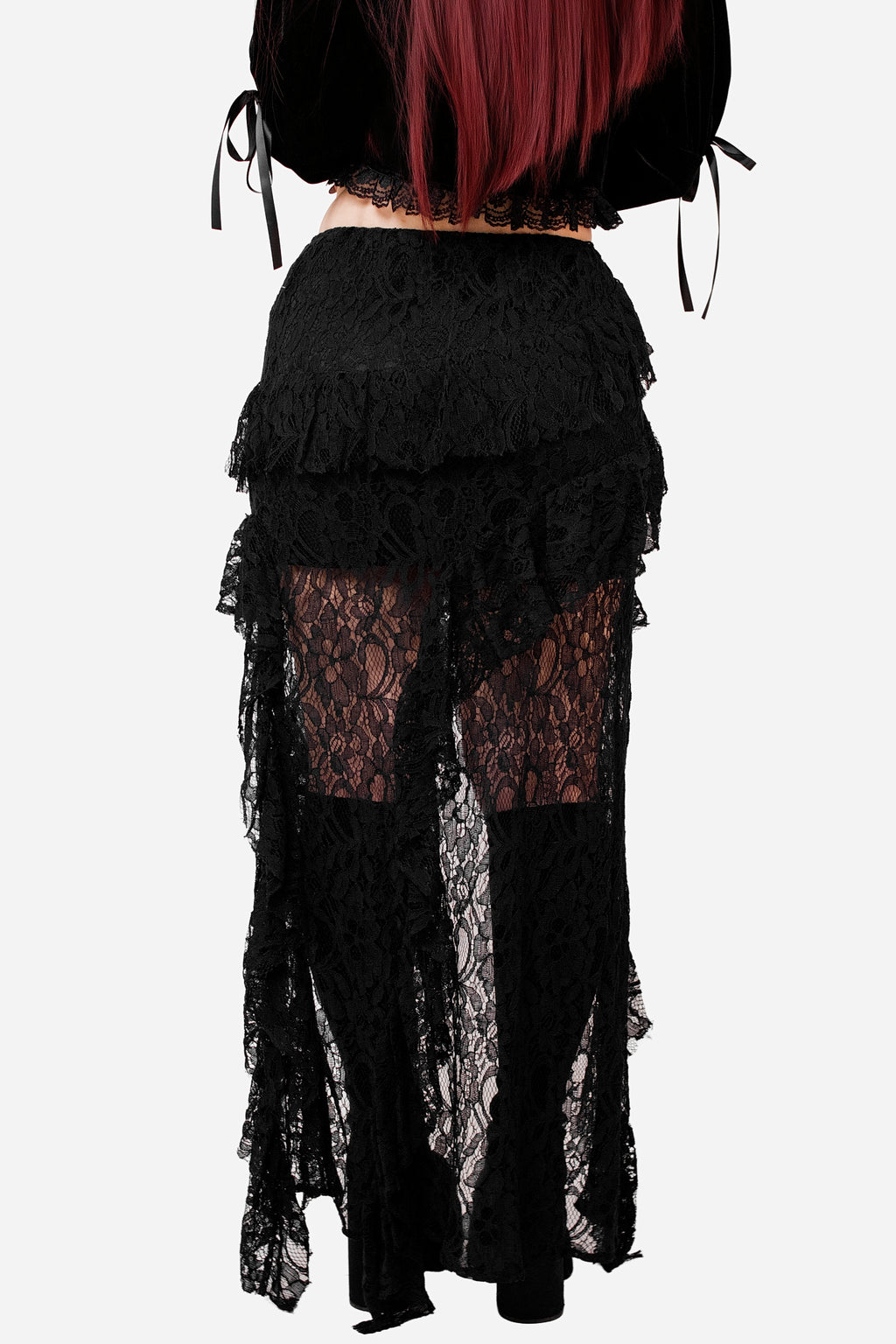 Black Lace Shark Bite Midi Skirt