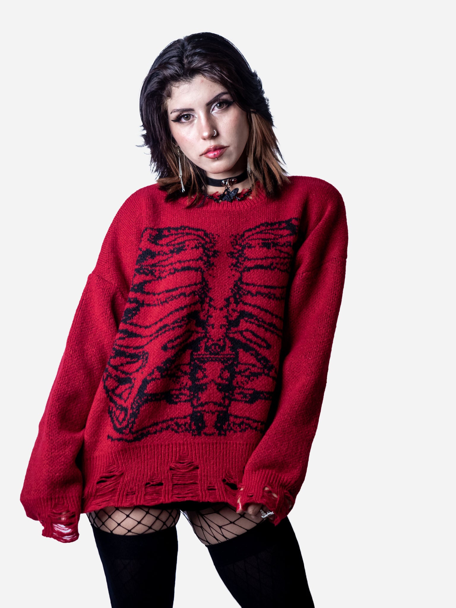 Red Ripped Skeleton Knit