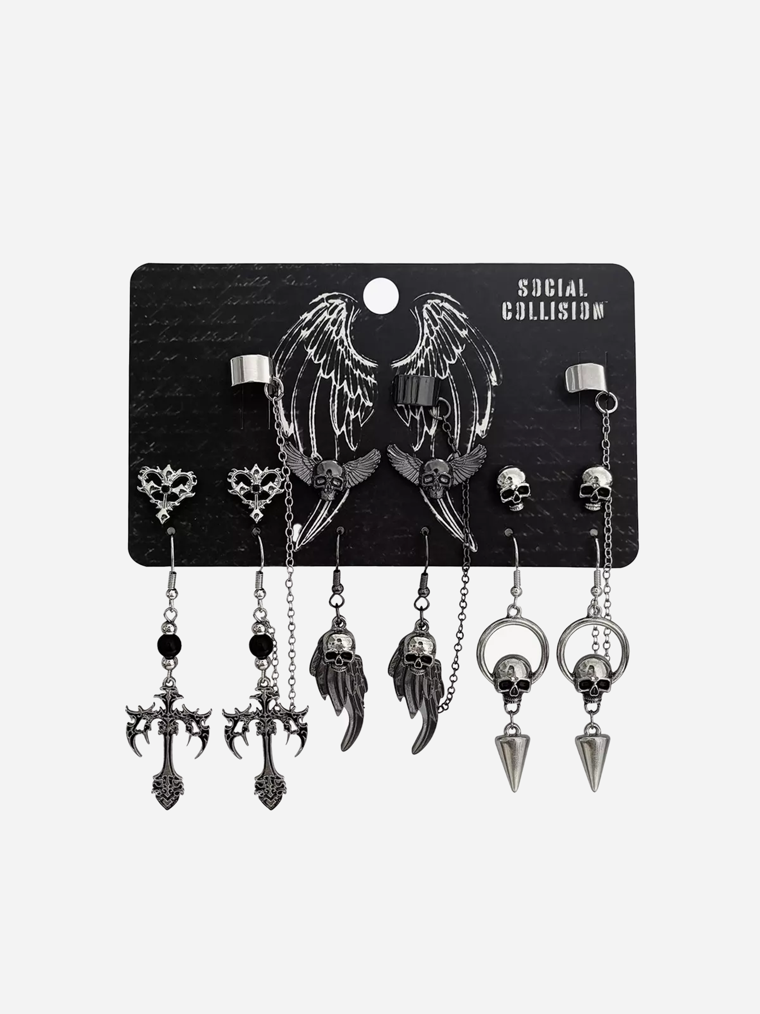 Social Collision Skull Wing Cuff Earring Set