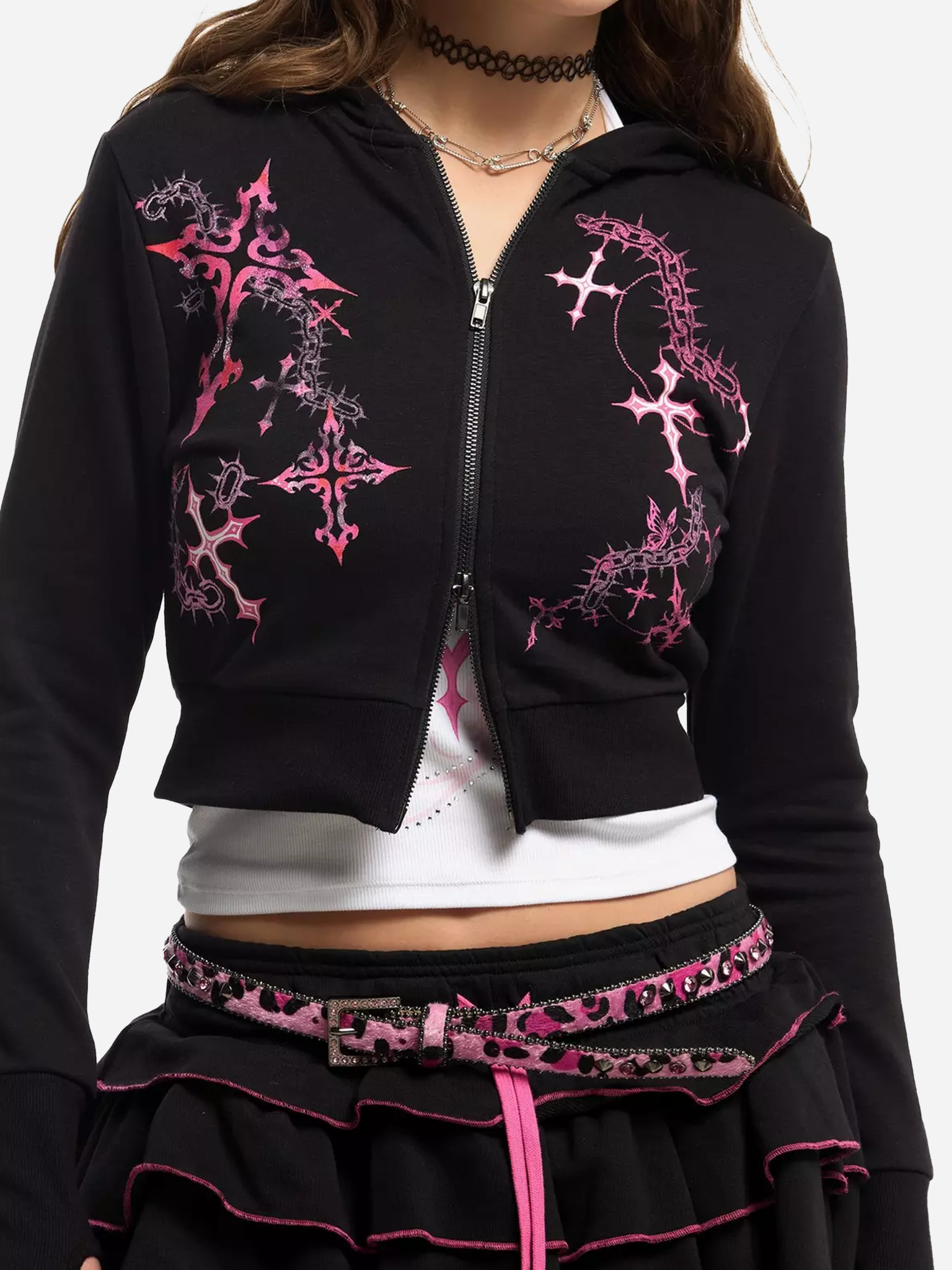 Sweet Society Pink Cross Chain Girls Extreme Crop Hoodie